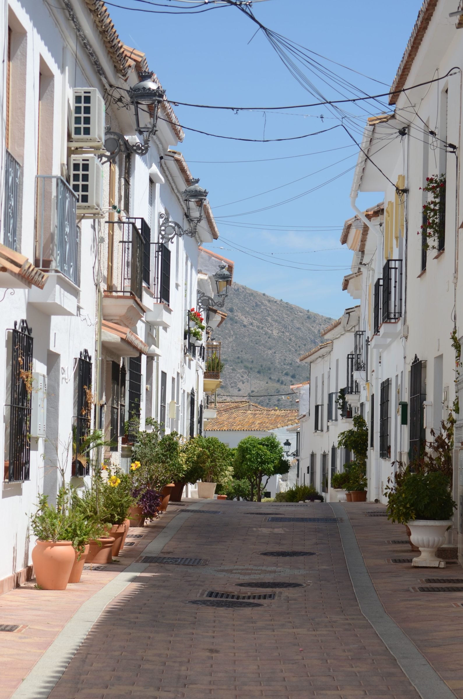 Calle tradicional de pueblo andaluz con fachadas blancas, plantas y montaña al fondo en Mijas Pueblo.