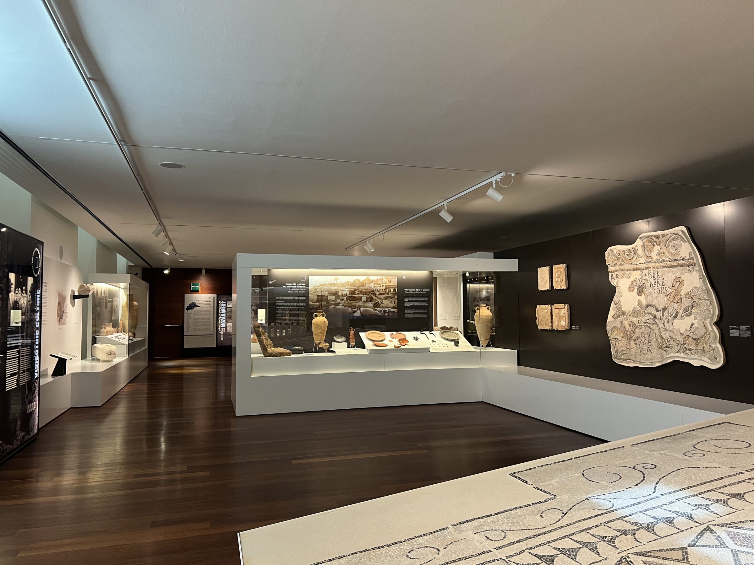 Sala de exposiciones de la sección de arqueología del Museo de Málaga, mostrando una maqueta en primer plano, vitrinas iluminadas con piezas históricas y paneles informativos sobre una pared negra al fondo
