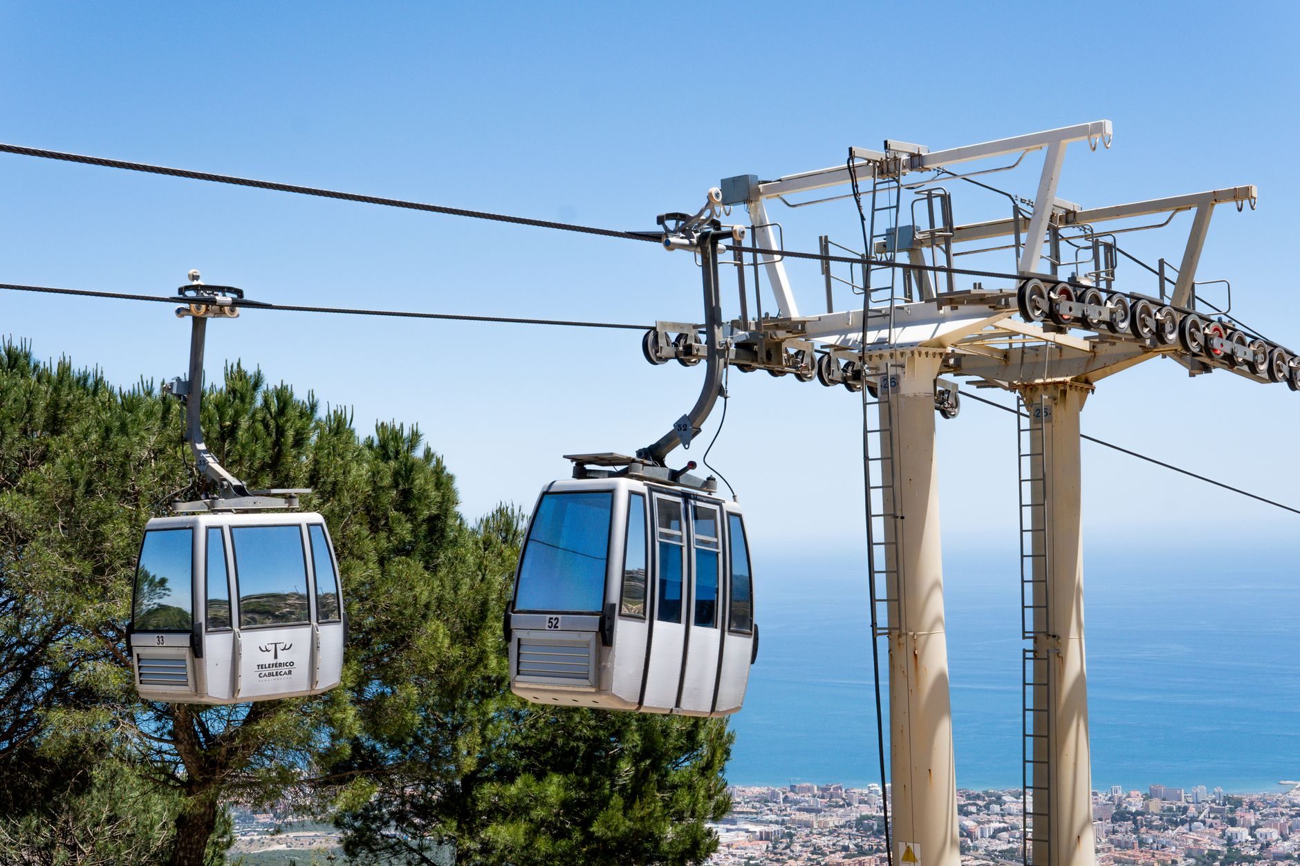 Vista panorámica desde el Teleférico de Benalmádena en Málaga, mostrando las cabinas sobrevolando la Costa del Sol
